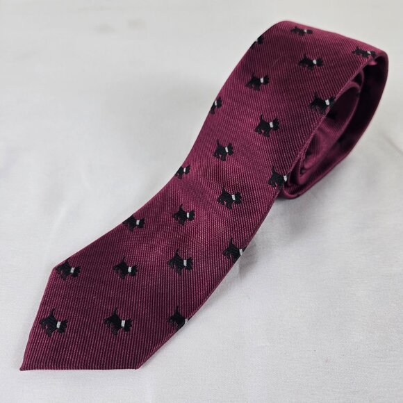 J Crew 100% Silk Men's Maroon with Black Scottie Dogs Church Office Date Gift - Picture 1 of 7